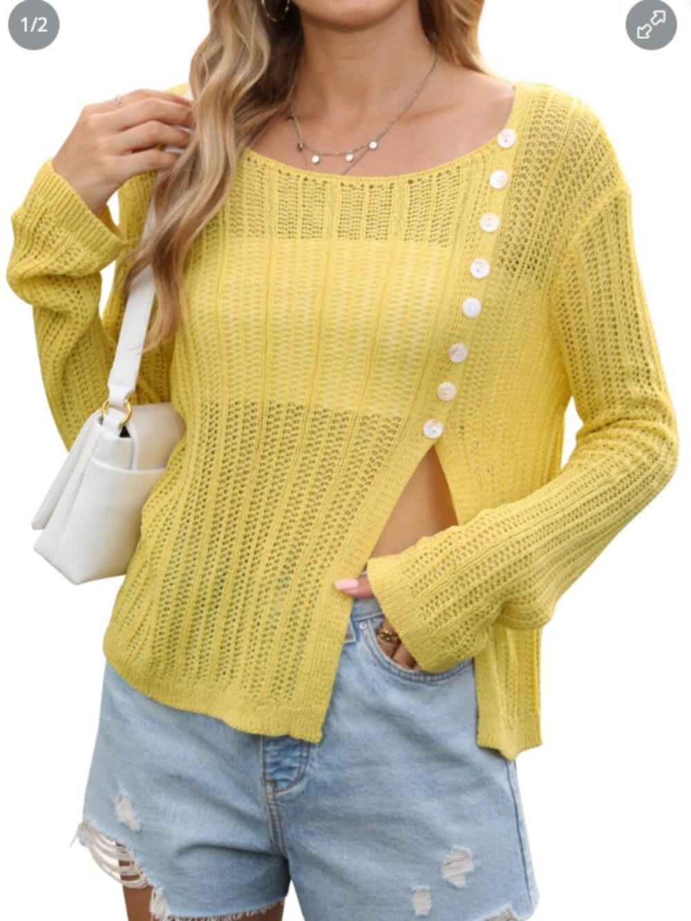 Women's Lightweight Asymmetrical Button High Split Sweater, Y2K, Large